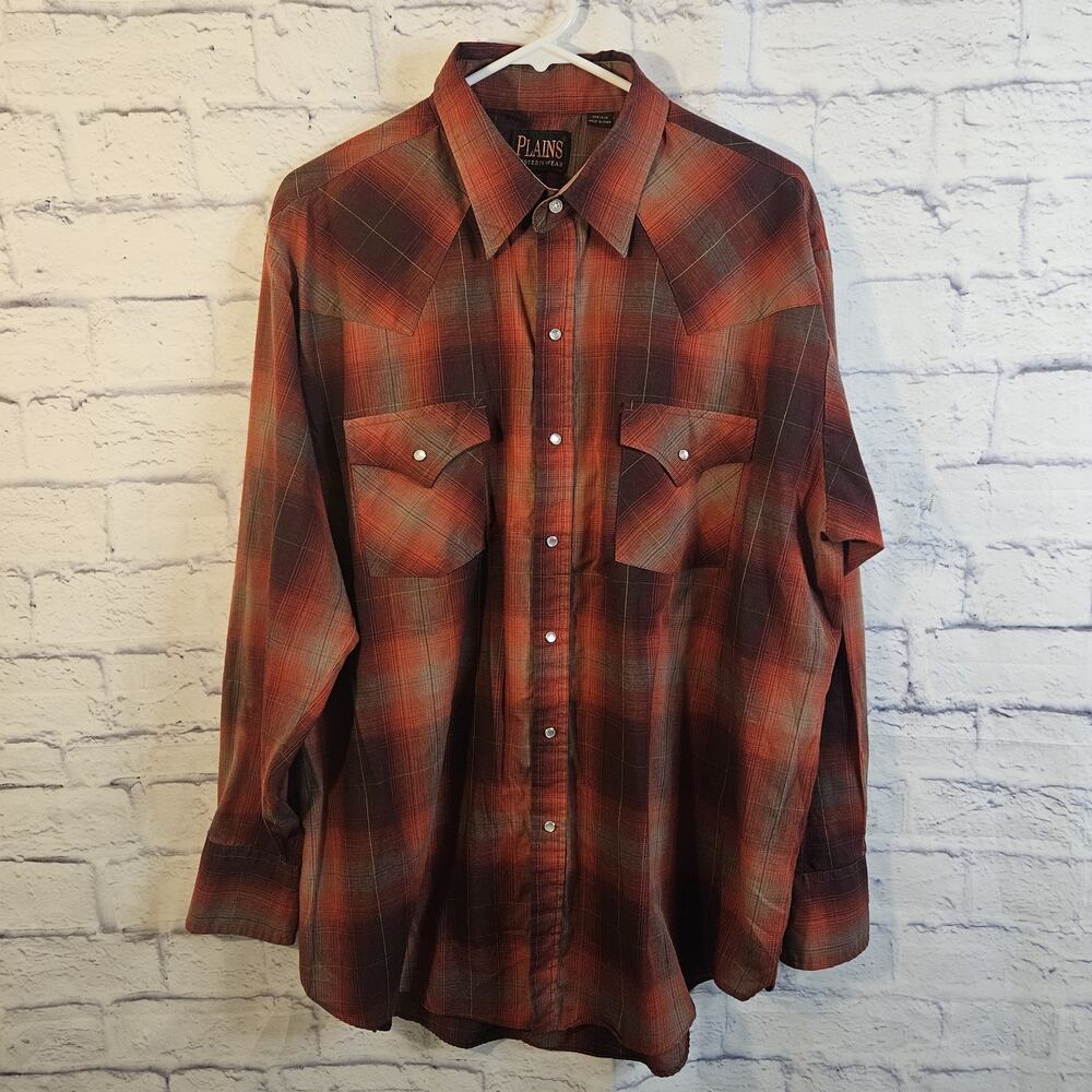 Plains Western Wear Shirt Mens XL Red Plaid Pearl Snap Cowboy Long Sleeve